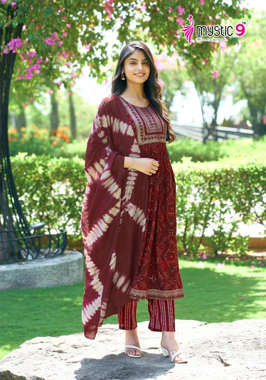 Sara Vol 9 By Mystic 9 Rayon Foil Printed Kurti With Bottom Dupatta Wholesale Market In Surat
